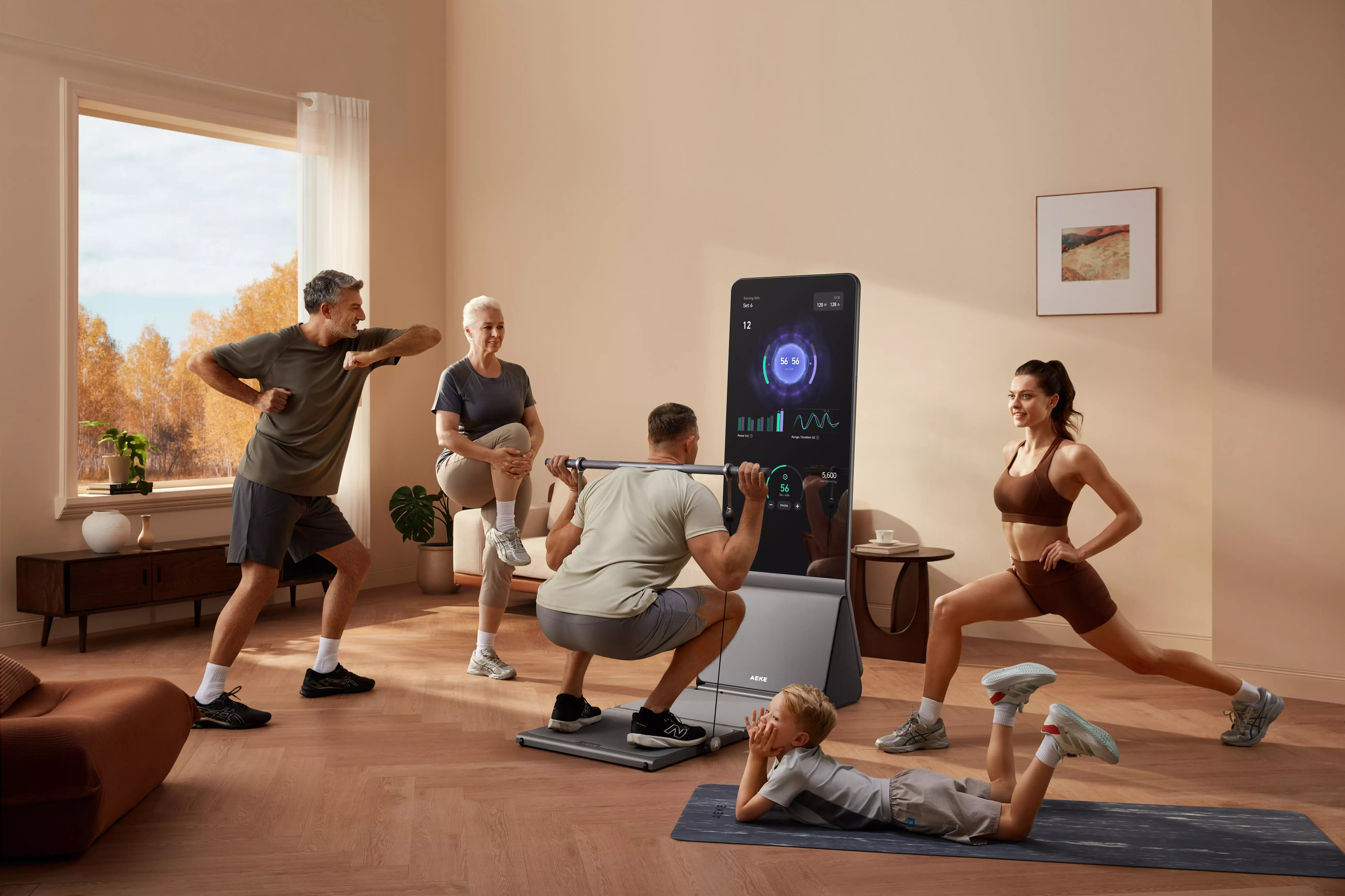A multi-generational family performing various exercises together in a living room using a smart home gym mirror.