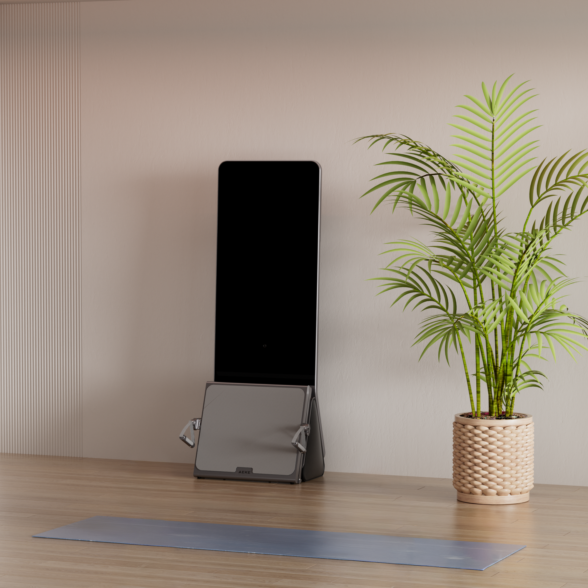 A sleek smart home gym station stands against a wall next to a potted palm, positioned in front of a workout mat for a high-tech fitness session.